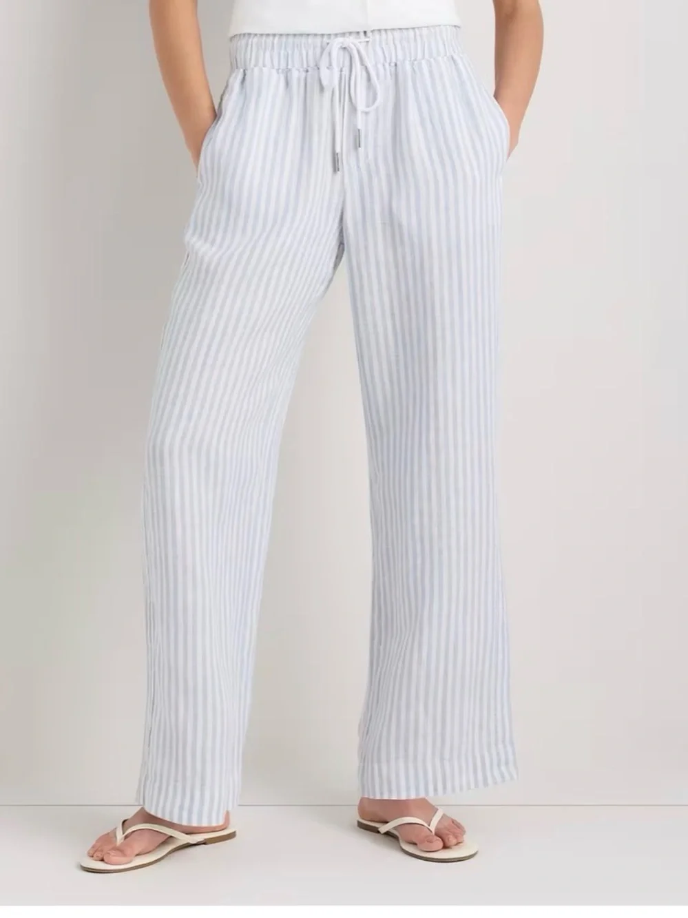 Women’s Quince Linen Wide Leg Pants Sky Blue Mariner Stripe Small Long